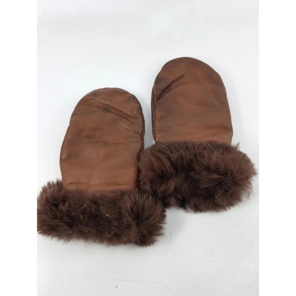 Vintage Brown Leather Mittens Rabbit Fur Trim Winter Gloves Warm Lined Child